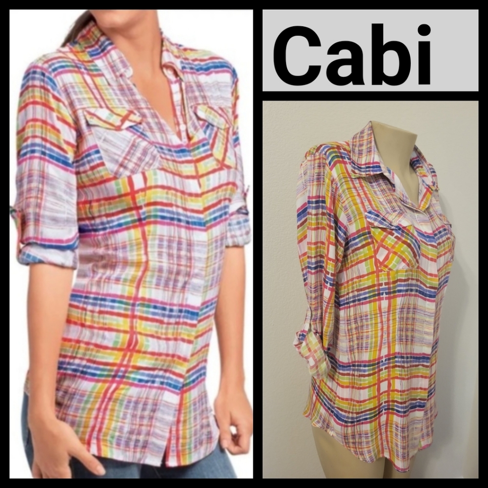 CAbi cirque bold colorful roll tab blouse M